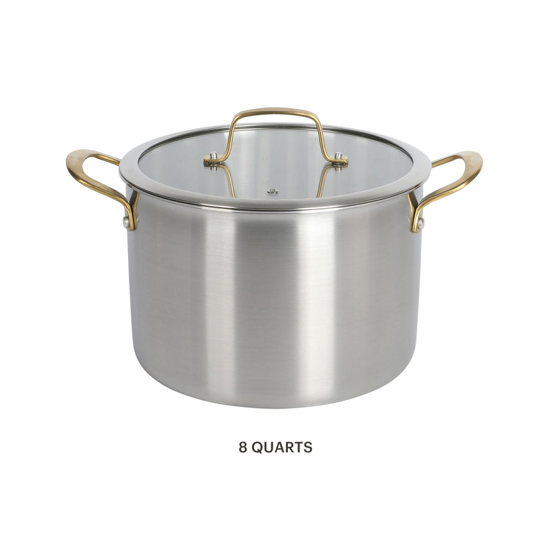 Martha Stewart Everyday Midvale 8qt Stainless Steel Stock Pot w/ Glass Lid - Gold PVD Cast Handle - Bonded Base - Color Sleeve w/ Factory Remailer