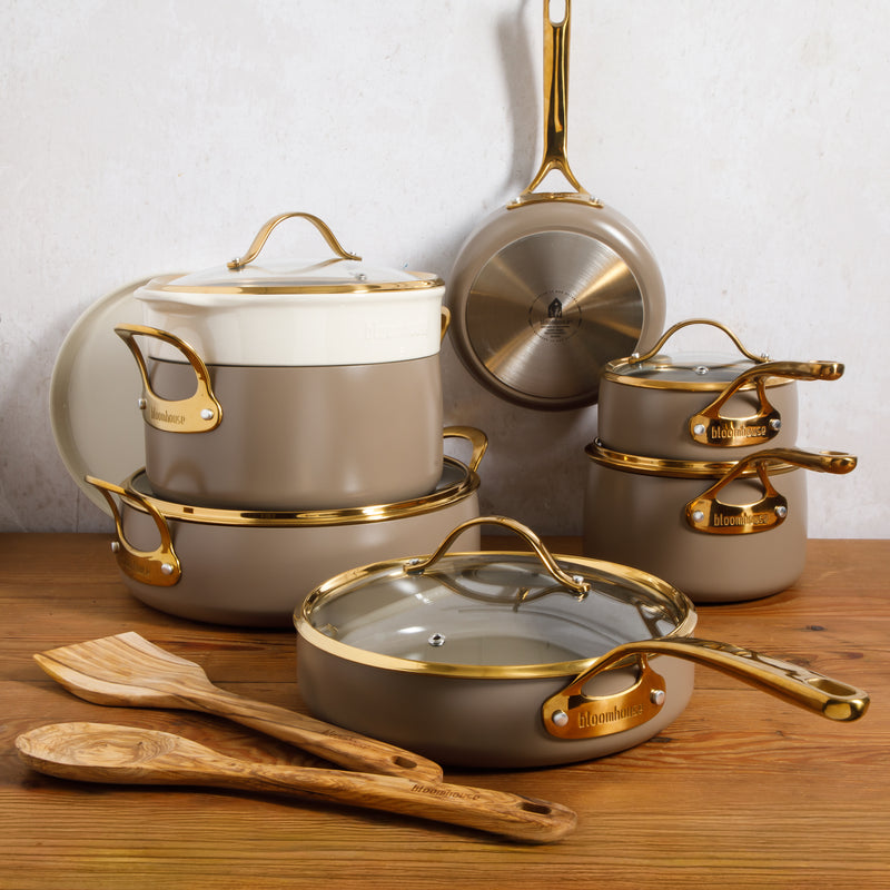 Bloomhouse 15pc Aluminum Cookware Set - Cappuccino - Taupe Ceramic Non-Stick Interior - Nonstick - Induction - Gold PVD Stainless SteelRim Glass Lid - Cast Stainless Steel Gold PVD Handle - Gift Box w/ Remailer