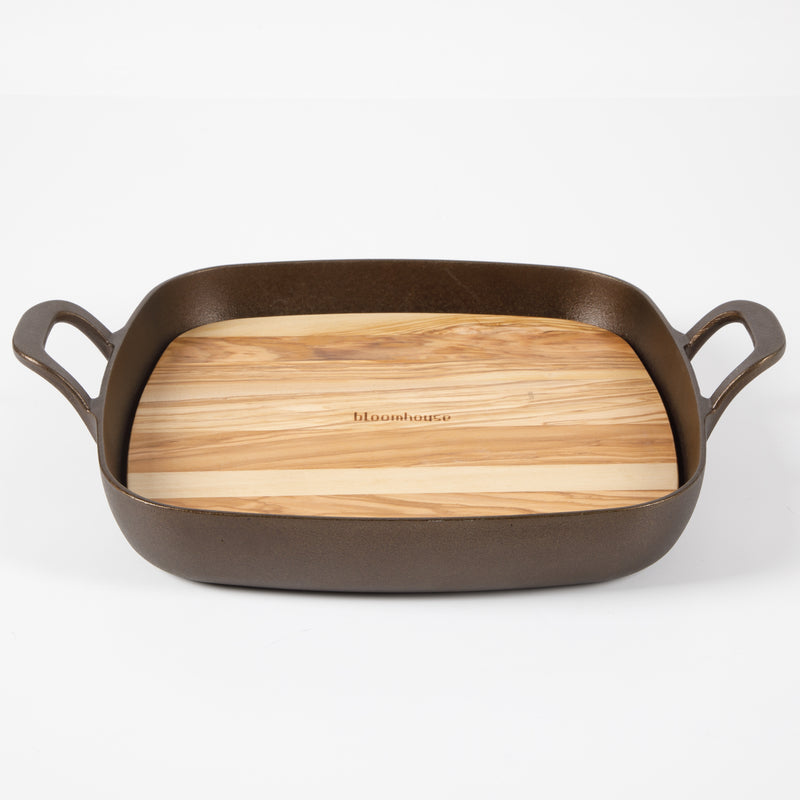 Bloomhouse 12" Preseason Plus Cast Iron Grill Pan w/ Wooden Trivet - Olive Oil - 2 Sides Handles - GBX w/ Remailer