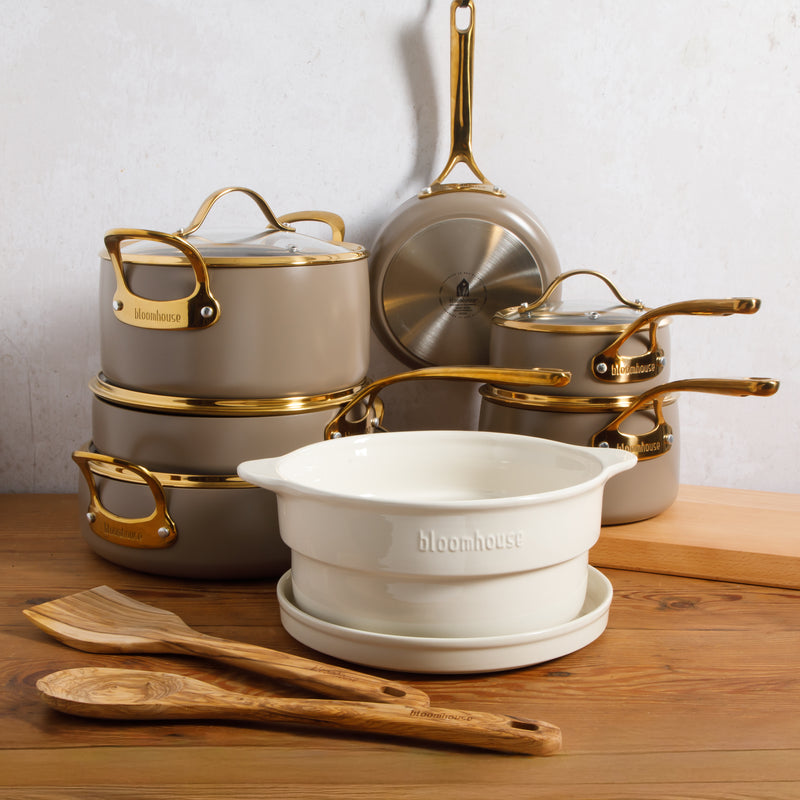 Bloomhouse 15pc Aluminum Cookware Set - Cappuccino - Taupe Ceramic Non-Stick Interior - Nonstick - Induction - Gold PVD Stainless SteelRim Glass Lid - Cast Stainless Steel Gold PVD Handle - Gift Box w/ Remailer