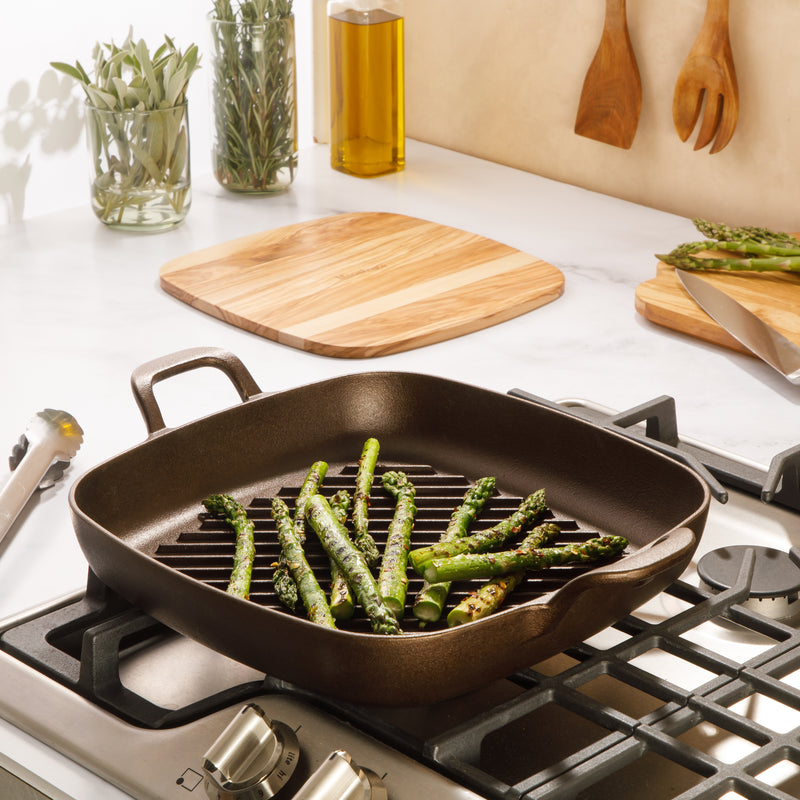 Bloomhouse 12" Preseason Plus Cast Iron Grill Pan w/ Wooden Trivet - Olive Oil - 2 Sides Handles - GBX w/ Remailer