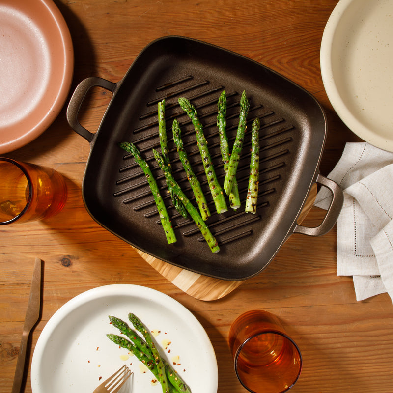 Bloomhouse 12" Preseason Plus Cast Iron Grill Pan w/ Wooden Trivet - Olive Oil - 2 Sides Handles - GBX w/ Remailer