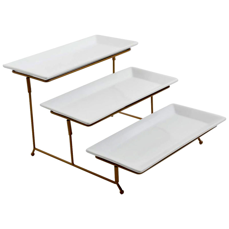 Gibson Elite Gracious Dining 3-Tier Serving Set w/ Plates & Gold Wire Stand - White - Rectangle - Stoneware - Gift Box
