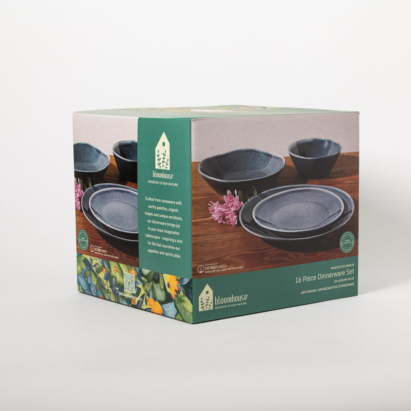 Bloomhouse Montecito Breeze 16pc Double Bowl Dinnerware Set - Reactive Glaze - Stoneware - Gift Box w/ Remailer