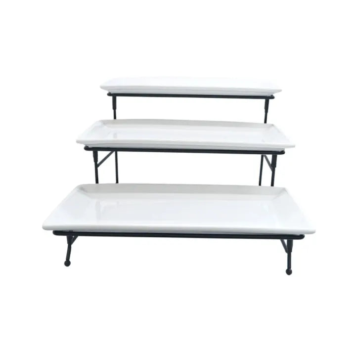 Gibson Elite Gracious Dining 4 pc Stoneware 3 Tier Server Set w/ Metal Stand - Warehouse Remailer - White