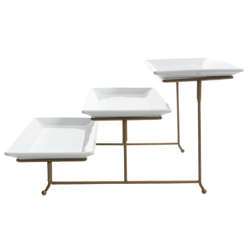 Gibson Elite Gracious Dining 3-Tier Serving Set w/ Plates & Gold Wire Stand - White - Rectangle - Stoneware - Gift Box
