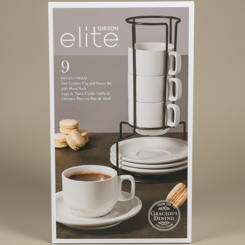 Gibson Elite Gracious Dining  9 pc 7oz Cup & 5.9" Saucer Set w/ Metal Rack - Gift Box