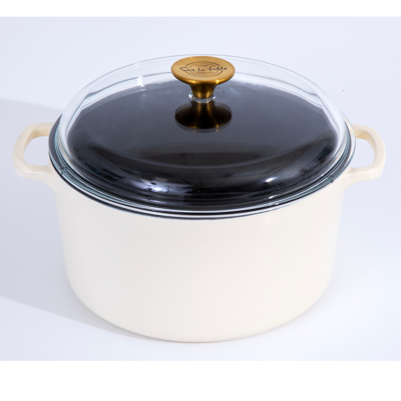 Sur La Table Kitchen Essentials Supper Club 5.5 qt Enamel Cast Iron Dutch Oven w/ Borosilicate Lid - Glossy Enamel In/Ext - Stainless Steel Knob -Enameled - Color Sleeve w/ RM