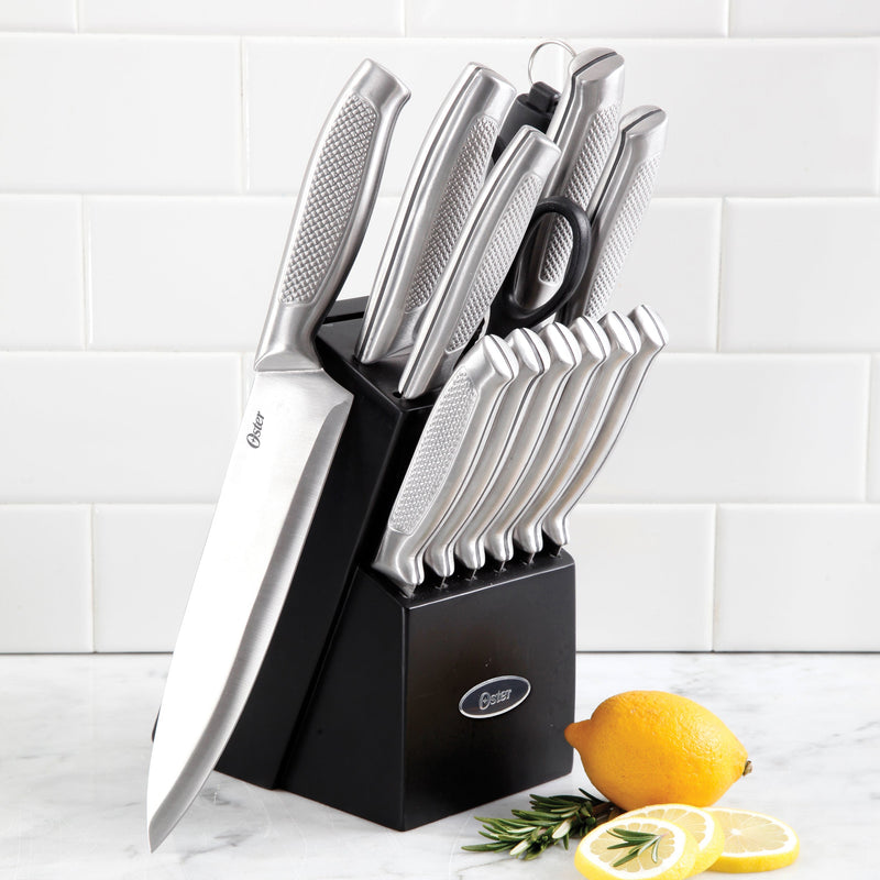 Oster Edgefield 14pc Stainless Steel Cutlery Set w/ Black Block - Brushed - Gift Box