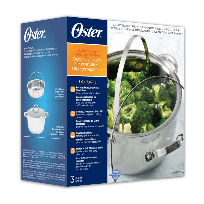 Oster Sangerfield 3 pc 6qt Stainless Steel Casserole w/ Steamer Insert and Lid - Gift Box