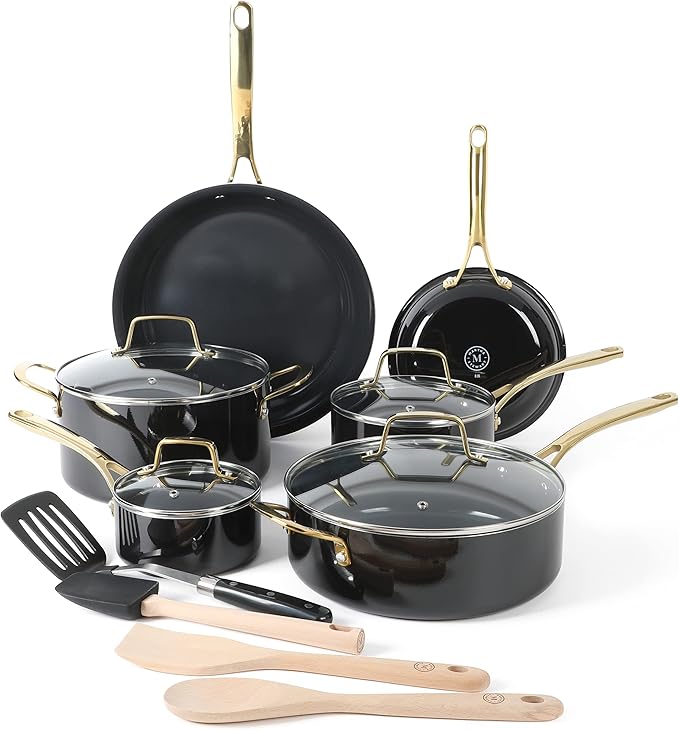 Martha Stewart 14pc Aluminum Cookware Combo Set - Black - Non Stick Interior & Enamel Exterior - Stainless Steel Long & Helper Handle w/ Gold Pvd- Factory Remailer