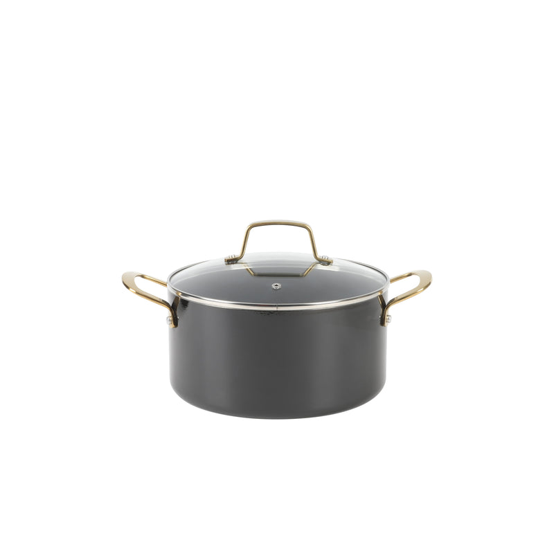 Martha Stewart 14pc Aluminum Cookware Combo Set - Black - Non Stick Interior & Enamel Exterior - Stainless Steel Long & Helper Handle w/ Gold Pvd- Factory Remailer