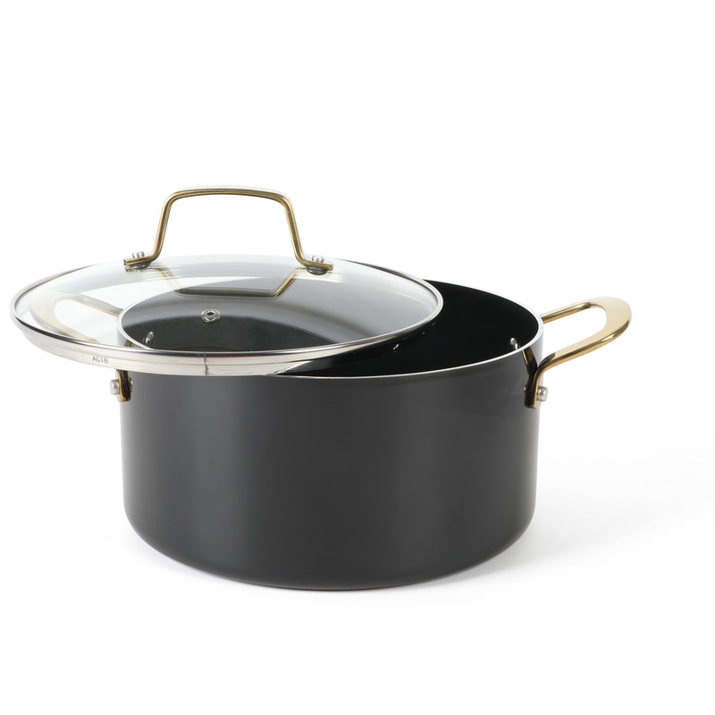 Martha Stewart 14pc Aluminum Cookware Combo Set - Black - Non Stick Interior & Enamel Exterior - Stainless Steel Long & Helper Handle w/ Gold Pvd- Factory Remailer