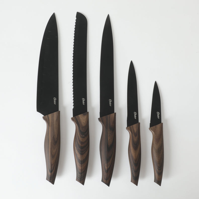 Oster Godfrey 5pc Stainless Steel Cutlery Set - Black Blade - PP Wood Look Handle - Clam Pack