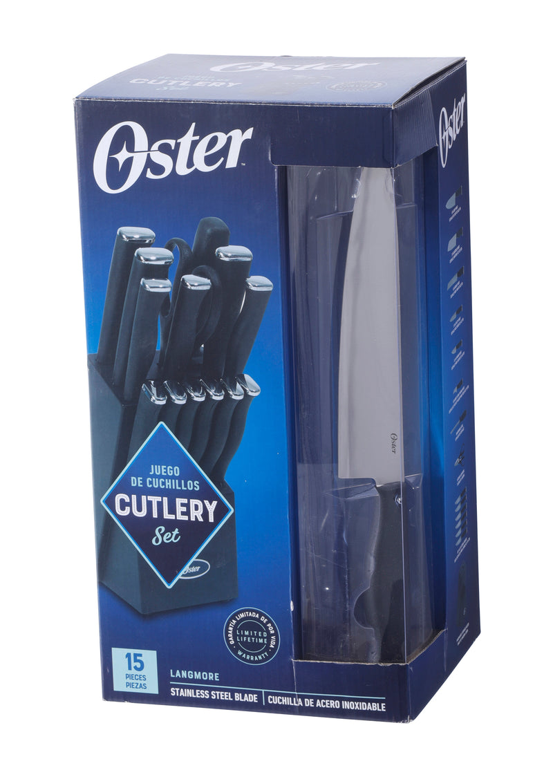 Oster Langmore 15pc Stainless Steel Cutlery Set w/ Black Block - PP Handle - Gift Box