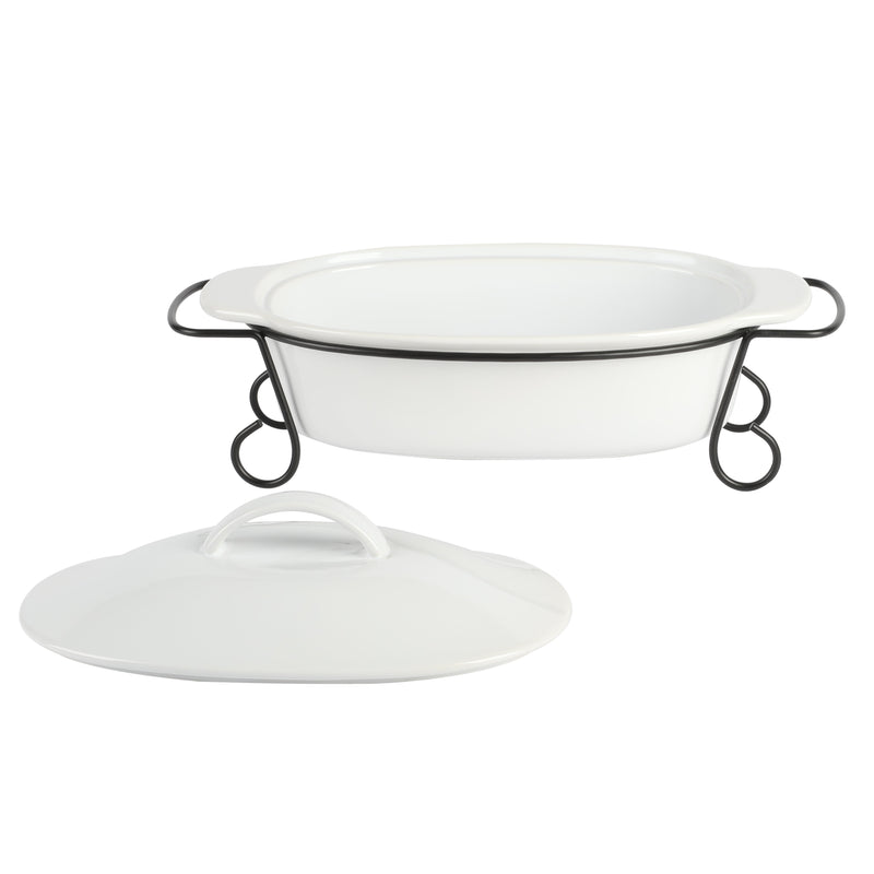 Gibson Elite Gracious Dining 2.2qt Stoneware Bakeware w/ Lid & Metal Rack - White - Oval - Gift Box