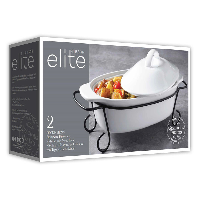 Gibson Elite Gracious Dining 2.2qt Stoneware Bakeware w/ Lid & Metal Rack - White - Oval - Gift Box