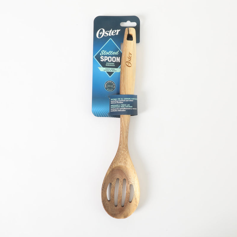 Oster Ingram Acacia Wood Slotted Spoon - Tie Card