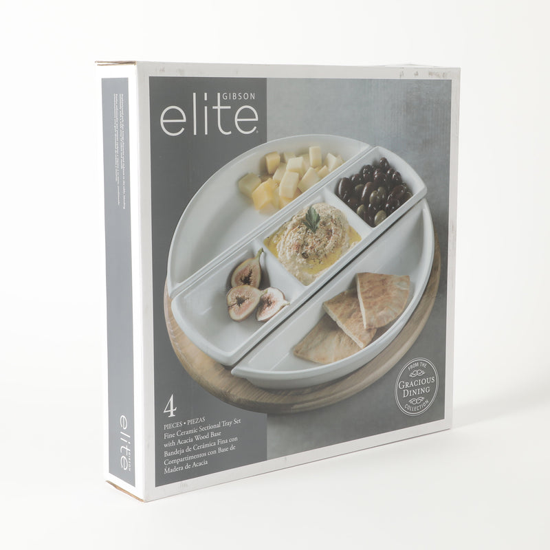 Gibson Elite Gracious Dining 3pc Tidbit Dish w/ Acacia Wood Base - White - Fine Ceramic - Gift Box
