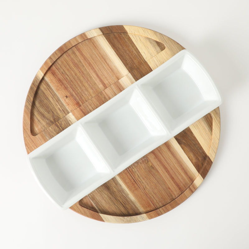 Gibson Elite Gracious Dining 3pc Tidbit Dish w/ Acacia Wood Base - White - Fine Ceramic - Gift Box