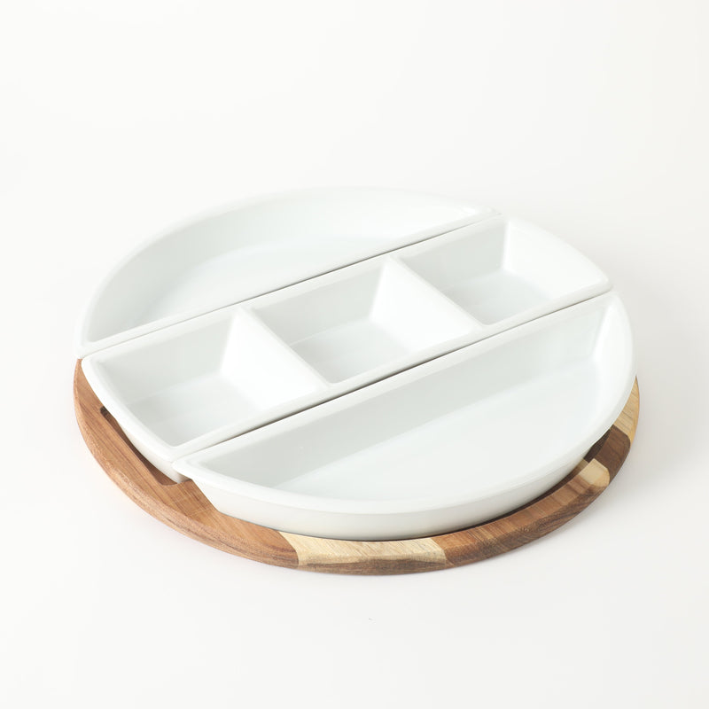 Gibson Elite Gracious Dining 3pc Tidbit Dish w/ Acacia Wood Base - White - Fine Ceramic - Gift Box