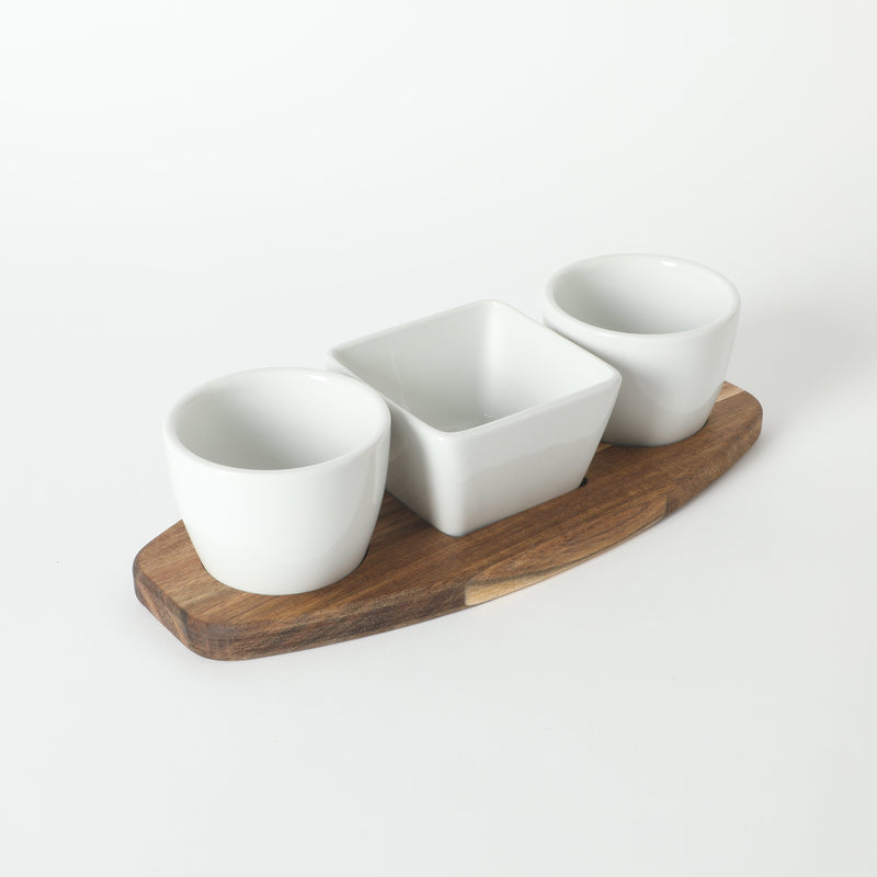 Gibson Elite Gracious Dining 3pc Tidbit Dish w/ Acacia Wood Base - White - Fine Ceramic - Gift Box