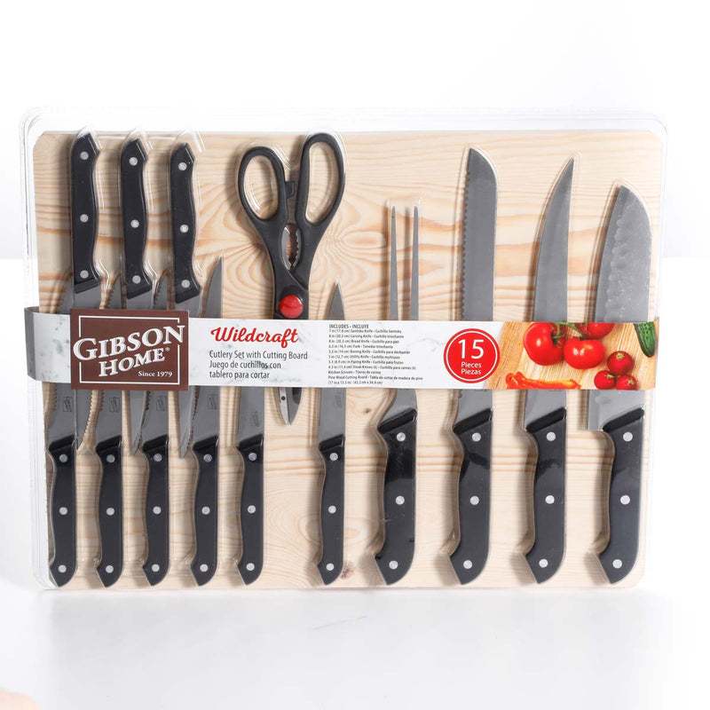 Gibson Home Wildcraft 15pc Stainless Steel Cutlery Set w/ Wood Cutting Board Set - Full Tang Riveted PP Handle - Clam Pack