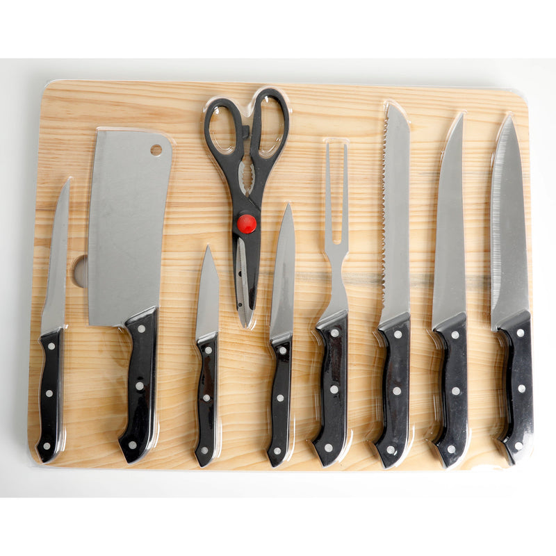 Gibson Home Wildcraft 10pc Stainless Steel Cutlery w/ Wood Cutting Board Set - Full Tang Riveted PP Handle - Clam Pack