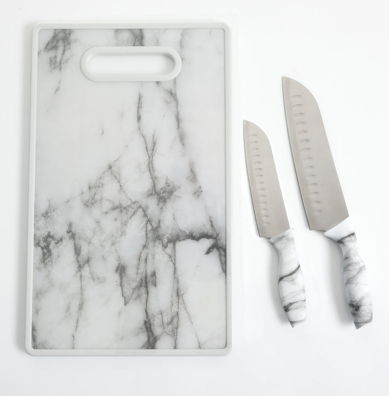 Gibson Home Beaumont 3pc Stainless Steel Cutlery Set w/ PP Marble Look Board - TPR Handle - Clam Pack