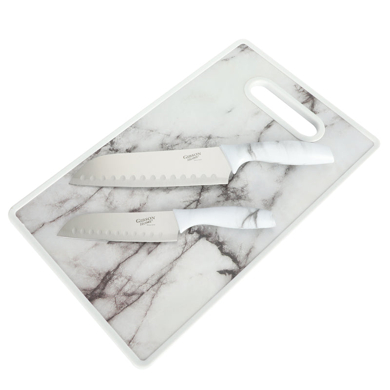 Gibson Home Beaumont 3pc Stainless Steel Cutlery Set w/ PP Marble Look Board - TPR Handle - Clam Pack