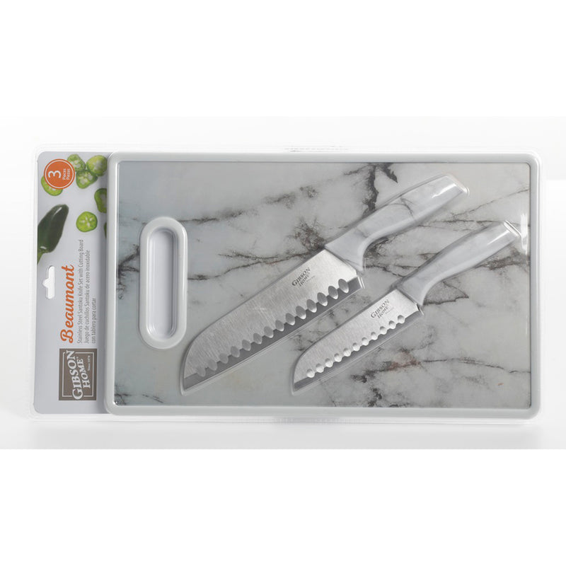 Gibson Home Beaumont 3pc Stainless Steel Cutlery Set w/ PP Marble Look Board - TPR Handle - Clam Pack
