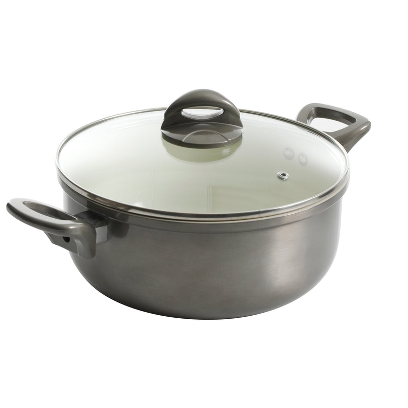 Gibson Home Hestonville 7pc Aluminum Cookware Set - Metallic Champagne - White Ceramic Interior - Forged Look - TPR Coating Handle - Gift Box