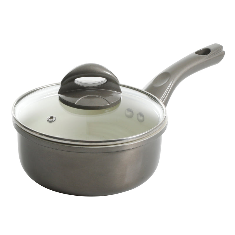 Gibson Home Hestonville 7pc Aluminum Cookware Set - Metallic Champagne - White Ceramic Interior - Forged Look - TPR Coating Handle - Gift Box