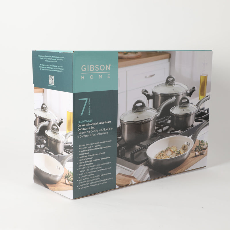 Gibson Home Hestonville 7pc Aluminum Cookware Set - Metallic Champagne - White Ceramic Interior - Forged Look - TPR Coating Handle - Gift Box