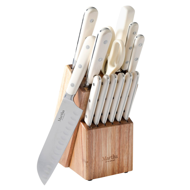 Martha Stewart Eastwalk 14pc Stainless Steel Cutlery Set w/ Acacia Wood Block - ABS Forged Handle - w/ Remailer