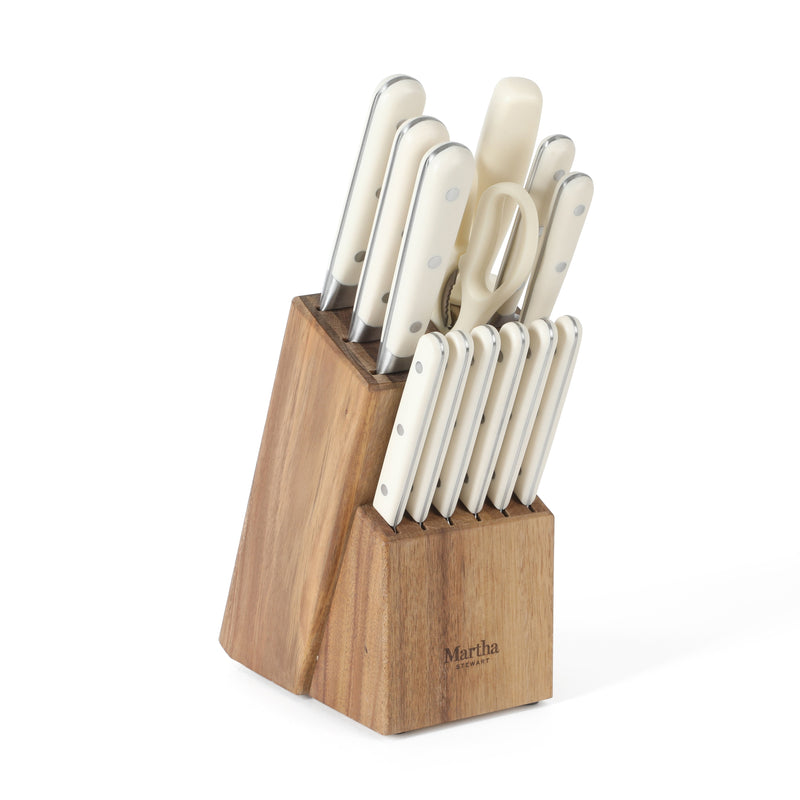 Martha Stewart Eastwalk 14pc Stainless Steel Cutlery Set w/ Acacia Wood Block - ABS Forged Handle - w/ Remailer