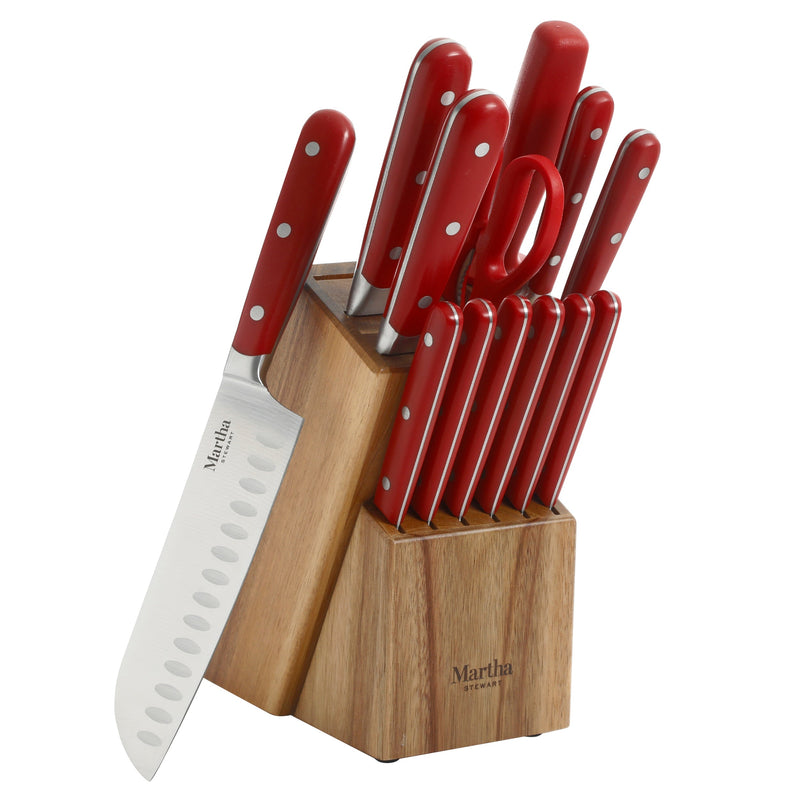 Martha Stewart Eastwalk 14pc Stainless Steel Cutlery Set w/ Acacia Wood Block - ABS Forged Handle - w/ Remailer