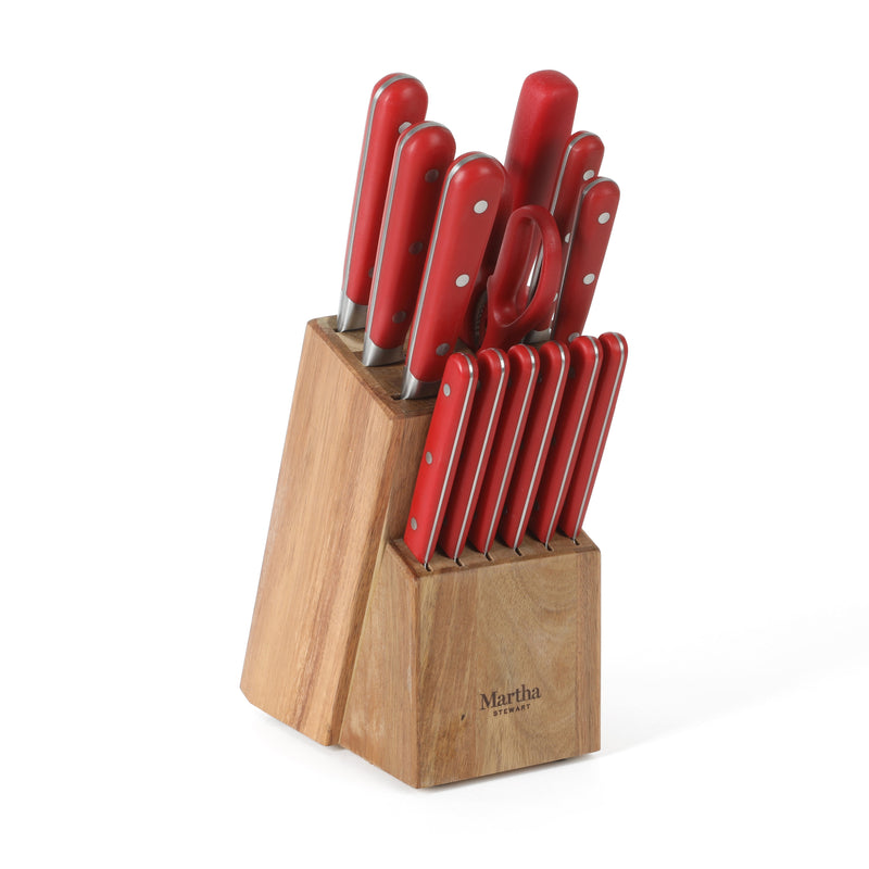 Martha Stewart Eastwalk 14pc Stainless Steel Cutlery Set w/ Acacia Wood Block - ABS Forged Handle - w/ Remailer
