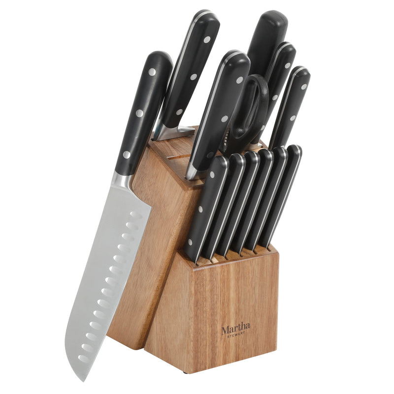 Martha Stewart Eastwalk 14pc Stainless Steel Cutlery Set w/ Acacia Wood Block - ABS Forged Handle - w/ Remailer