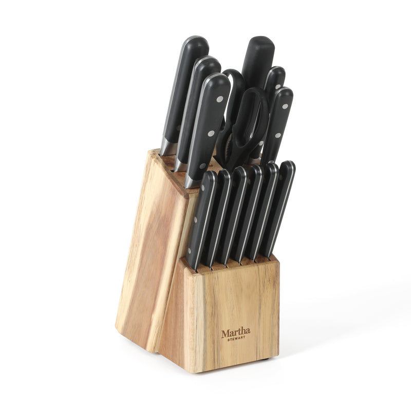 Martha Stewart Eastwalk 14pc Stainless Steel Cutlery Set w/ Acacia Wood Block - ABS Forged Handle - w/ Remailer