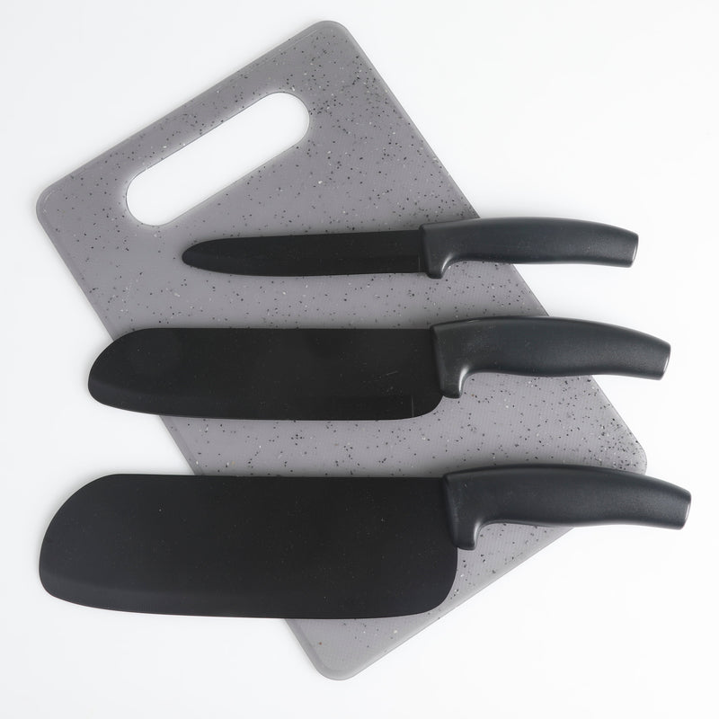 Gibson Home Edge Craft 4 pc Stainless Steel Cutlery Set w/ PP Grey Speckle Cutting Board - Black - Clam Pack