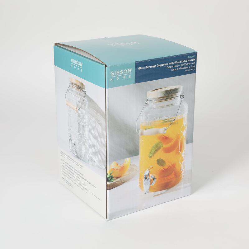 Gibson Home Duvall 0.95 Gallon Glass Drink Dispenser w/ Wood Lid & Wire Handle - Embossed - Clear - Gift Box