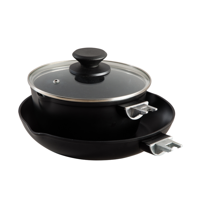 Oster Smarthandle Advance 4pc Forged Aluminum 1.8 qt Sauce Pan w/ Lid & 10" Frying Pan w/ Detachable Handle - Matte Black - Non-Stick Interior - Induction Base - Bakelite Handle - Gift Box (Open Window)