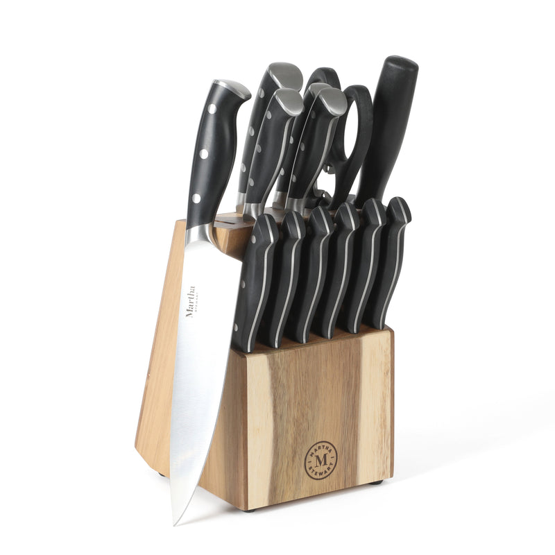 Martha Stewart Greeley 14pc Stainless Steel Cutlery Set w/ Acacia Wood Block - Black - Forged Handle - Gift Box