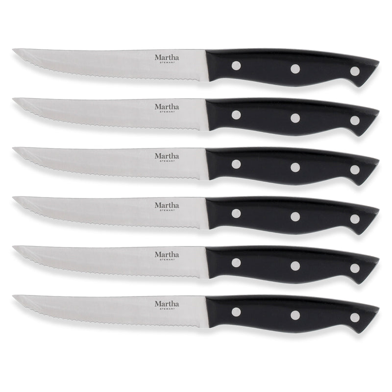 Martha Stewart Greeley 14pc Stainless Steel Cutlery Set w/ Acacia Wood Block - Black - Forged Handle - Gift Box