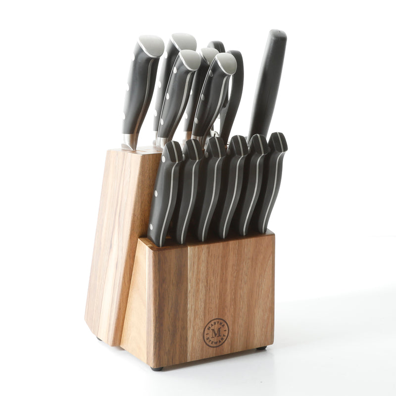Martha Stewart Greeley 14pc Stainless Steel Cutlery Set w/ Acacia Wood Block - Black - Forged Handle - Gift Box