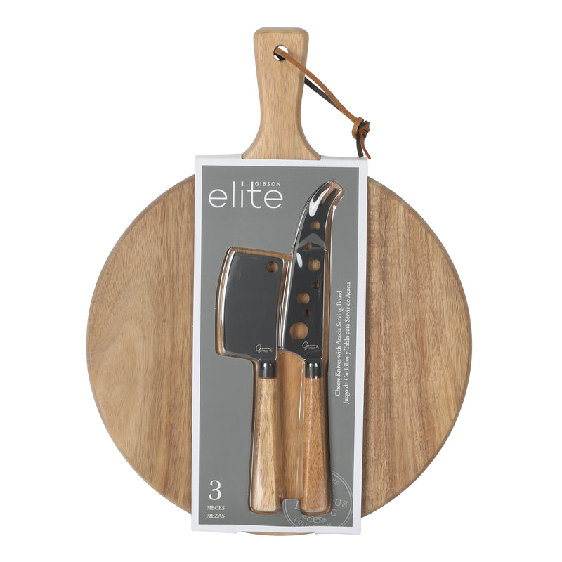 Gibson Elite Gracious Dining 2pc Cheese Knives w/ Leather Hang Rope Serving Board - Matte Black Coated Stainless Steel Blade - Acacia Handle - Clam Pack w/ Window Box