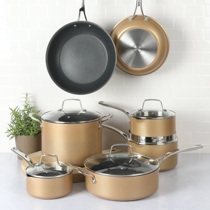 Martha Stewart Rittenhouse 12pc Aluminum Cookware Set w/ Glass Lids - Color Anodized - Non Stick Interior & Exterior - Stainless Steel Induction Base - Cast Handles - Factory Remailer