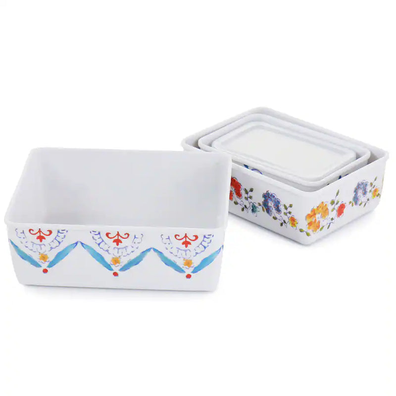 Gibson Home Anaya 8pc Nesting Food Storage Set w/ PP Lid -Rectangle - Decorated - Melamine - 400G - Color Sleeve w/ Shrink Wrap