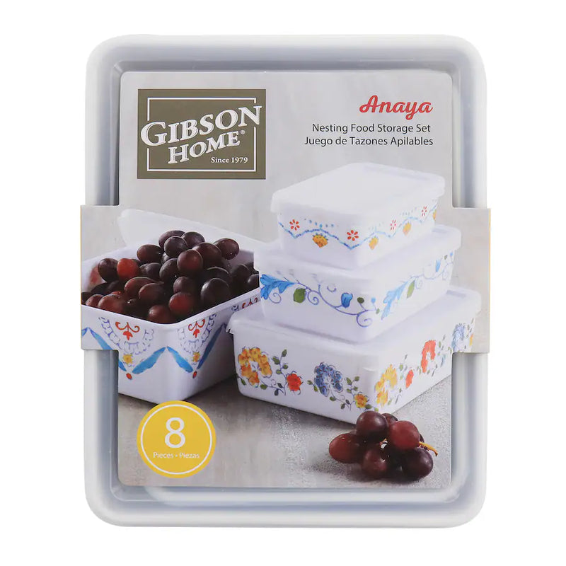 Gibson Home Anaya 8pc Nesting Food Storage Set w/ PP Lid -Rectangle - Decorated - Melamine - 400G - Color Sleeve w/ Shrink Wrap
